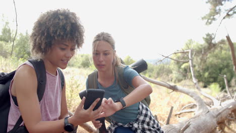 Zwei-Frauen-Untersuchen-Während-Einer-Wanderung-Im-Wald-Ein-Smartphone