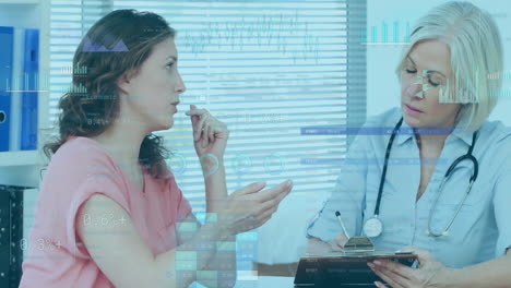 Animation-of-data-processing-and-diagrams-over-caucasian-female-doctor-talking-with-patient