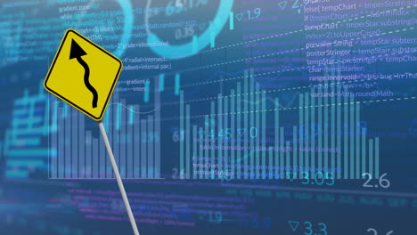 Animation-of-financial-data-processing-over-arrow-on-yellow-road-sign-and-city