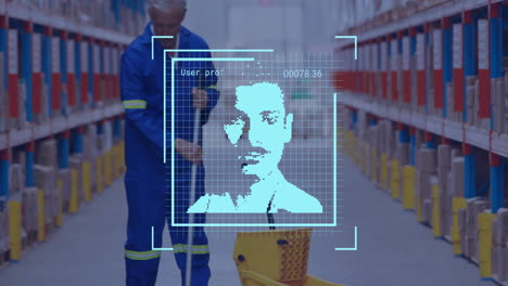 Animation-of-biometric-photo-and-digital-data-processing-over-caucasian-man-working-in-warehouse