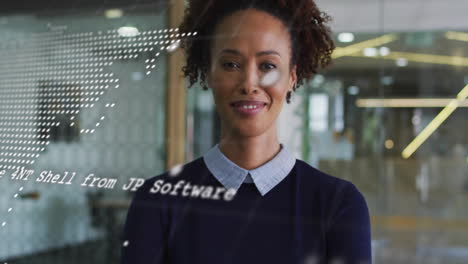 Animation-of-financial-data-processing-over-biracial-businesswoman-in-office