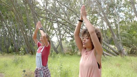 Young-Caucasian-woman-and-young-biracial-woman-practice-yoga-outdoors