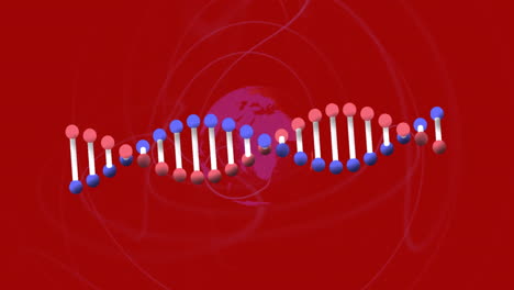 Animation-Eines-DNA-Strangs-über-Einem-Globus-Auf-Rotem-Hintergrund