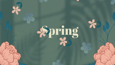 Animation-Eines-Frühlingstextes-Mit-Blumen-über-Blättern-Und-Schatten-Auf-Weißem-Hintergrund
