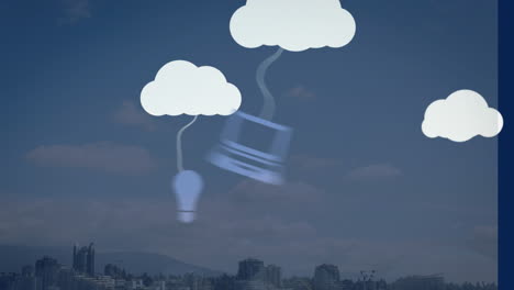 Animation-of-clouds-and-digital-devices-icons-with-data-processing-over-city