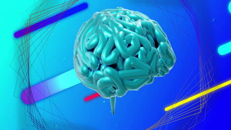Animation-Eines-Rotierenden-Blauen-Gehirns-über-Bunten-Formen-Und-Einer-3D-Netzwerkstruktur-Auf-Blau