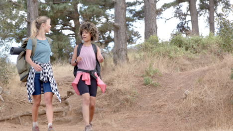 Two-women-are-hiking-on-a-dirt-trail-surrounded-by-trees-and-shrubbery-with-copy-space