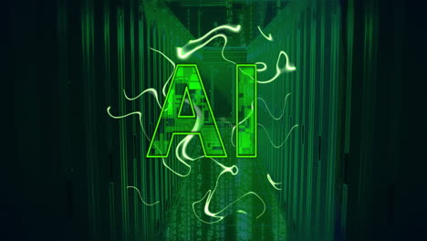 Animación-De-Texto-AI,-Cerebro-Humano-Y-Procesamiento-De-Datos-Digitales-A-Través-De-Servidores-Informáticos.