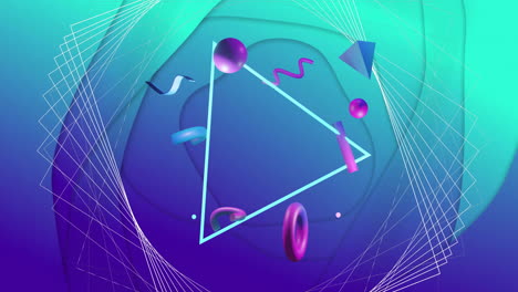 Animation-of-3d-network-structure-with-rotating-triangle-and-3d-shapes-on-abstract-blue-background