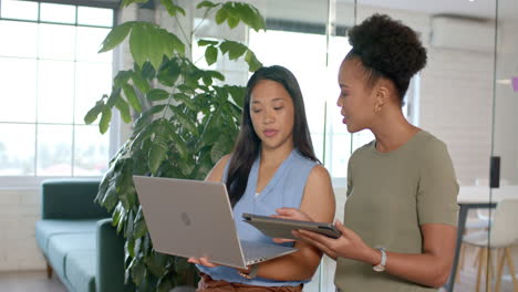 Biracial-woman-and-young-African-American-woman-collaborate-in-a-business-office
