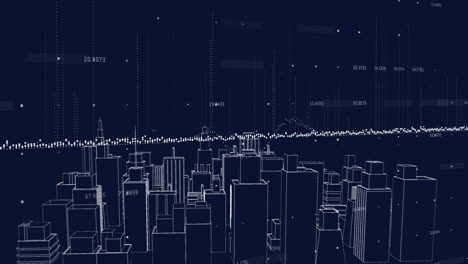 Animation-Der-Datenverarbeitung-Und-Diagramm-über-Einer-Digitalen-Stadtlandschaft
