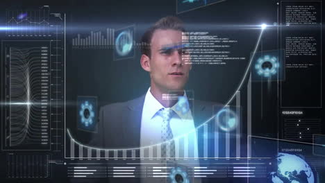 Animation-of-data-processing-with-scope-scanning-over-caucasian-businessman-on-black-background