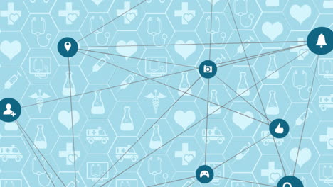 Animation-of-network-of-connections-with-icons-over-medicine-icons