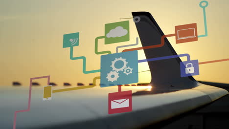 Animation-Von-Mediensymbolen-Mit-Verbindungen-über-Das-Flugzeug