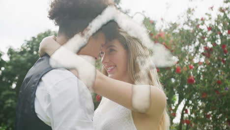 Animation-of-cloud-house-over-happy-diverse-couple-embracing-in-garden-on-wedding-day