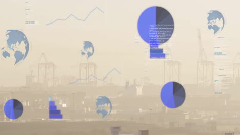 Animation-of-data-processing-and-diagrams-with-globes-over-cityscape