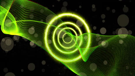 Animation-of-green-neon-circles-and-spots-of-light-on-black-background