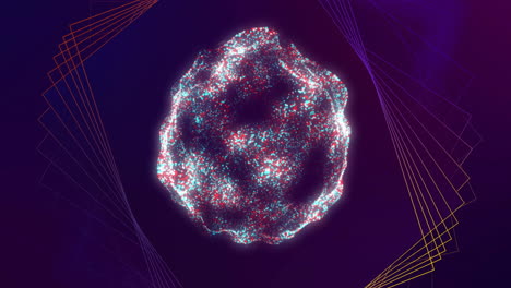 Animation-of-coloured-3d-network-lines-over-glowing-cluster-of-particles-on-dark-background