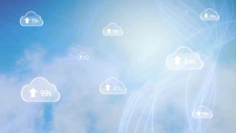 Animation-Eines-Verbindungsnetzwerks-Mit-Digitalen-Wolken-über-Blauem-Himmel-Und-Wolken