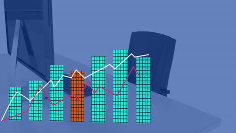 Animation-Von-Statistiken-Und-Digitaler-Datenverarbeitung-über-Dem-Schreibtisch-Auf-Blauem-Hintergrund