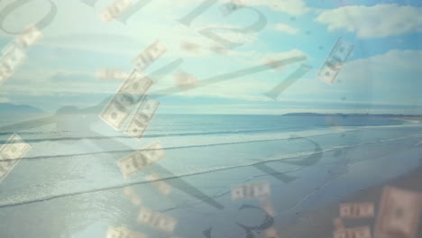 Animation-of-moving-clock-and-dollar-banknotes-over-seaside-landscape