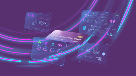 Animation-of-screens-with-data-and-credit-card-over-purple-background