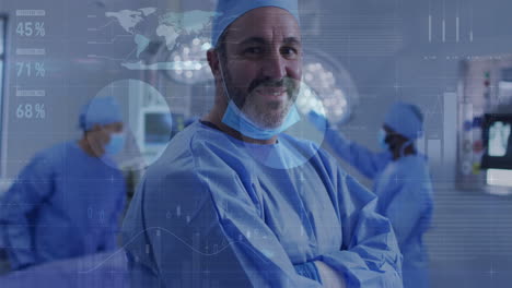 Animation-of-data-processing-and-world-map-over-diverse-surgeons-in-operating-room