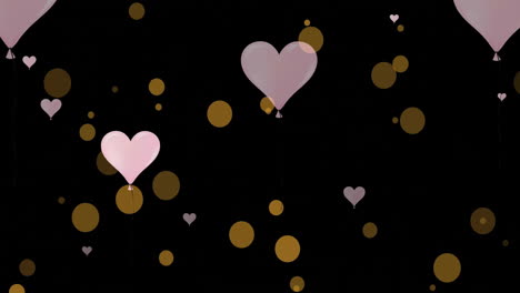 Animation-of-floating-hearts-and-spots-on-black-background