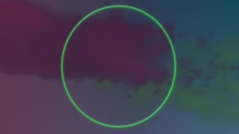 Animation-Eines-Neonkreises-über-Bewegtem-Buntem-Pulver-Auf-Blauem-Hintergrund