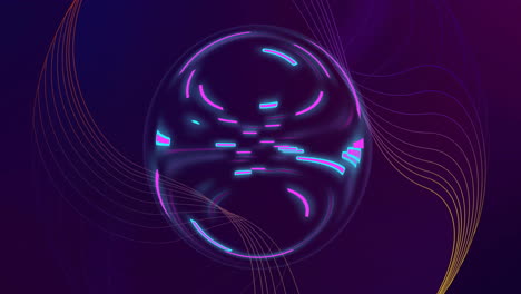 Animation-of-network-structure-and-blue-and-purple-lights-rotating-in-sphere-on-dark-background