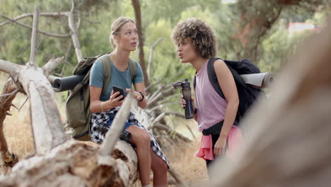 Two-young-women-are-engaged-in-conversation-during-a-hike-in-a-wooded-area