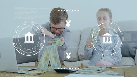 Animation-of-currency-and-bank-icons-data-processing-over-caucasian-children-playing-with-banknotes