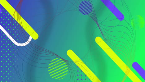 Animation-of-3d-network-structure-over-yellow-and-purple-shapes-on-soft-green-and-blue-background