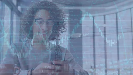 Animation-of-data-processing-and-stock-market-over-biracial-man-using-smartphone
