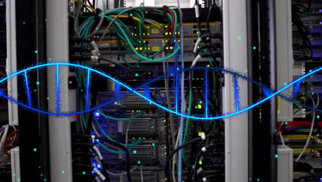 Animation-of-dna-strand-and-spots-over-server-room