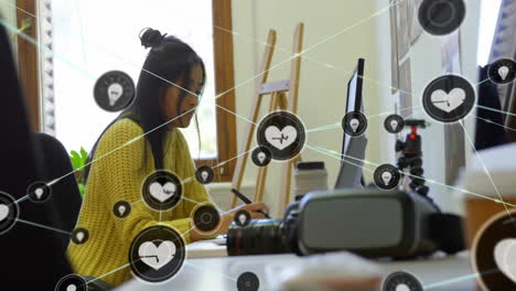 Animation-Eines-Netzwerks-Von-Verbindungen-Mit-Herzsymbolen-über-Einer-Gemischtrassigen-Geschäftsfrau-Im-Büro