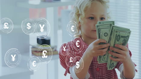 Animation-of-currency-icons-data-processing-over-caucasian-girl-playing-with-banknotes