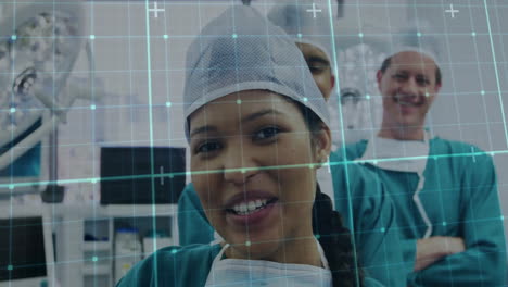 Animation-of-shapes-moving-over-diverse-doctors-in-operating-room-smiling