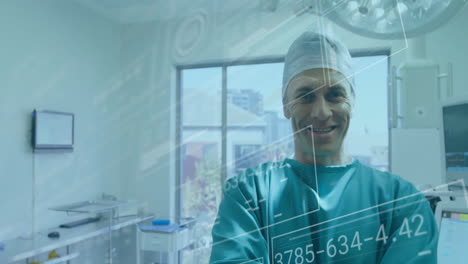 Animation-of-data-processing-and-diagrams-over-caucasian-male-doctor-smiling-in-hospital