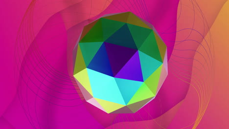Animation-of-reflective-metallic-3d-multi-faceted-ball-rotating-over-network-on-pink-background
