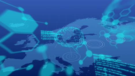 Animation-Des-Menschlichen-Gehirns-Und-Der-Digitalen-Datenverarbeitung-über-Der-Europakarte-Im-Hintergrund