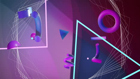 Animation-Von-3D-Formen-In-Blau-Und-Lila-über-Linien-Und-Netzwerkstruktur-Auf-Violettem-Hintergrund