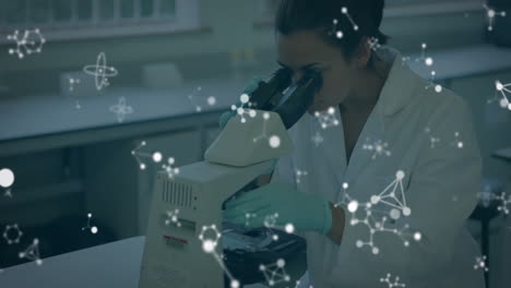 Animation-of-molecules-over-caucasian-female-scientist-using-microscope