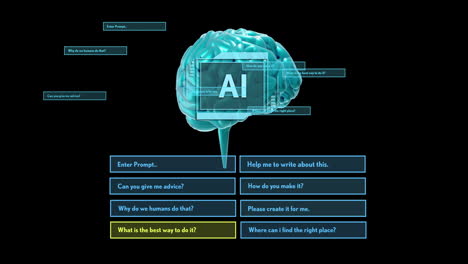 Animation-Von-KI-Text,-Menschlichem-Gehirn-Und-Digitaler-Datenverarbeitung-Auf-Schwarzem-Hintergrund