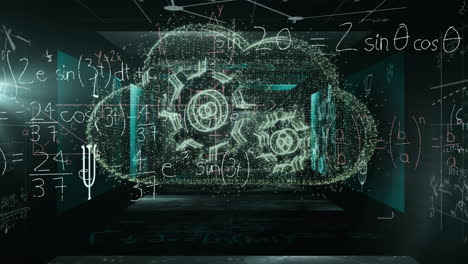 Animation-of-cloud-with-cogs-over-mathematical-equations-and-symbols-on-black-background