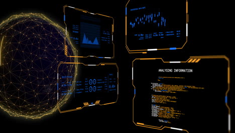 Animation-of-digital-data-processing-on-screens-and-globe-over-black-background