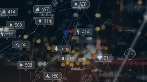 Animation-of-network-of-connections-with-media-icons-over-night-city