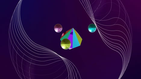 Animation-of-network-lines-over-metallic-3d-spheres-and-diamond-rotating-on-dark-background