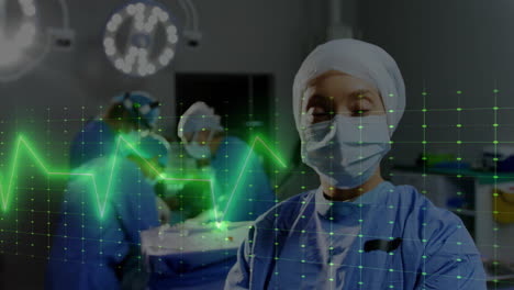 Animation-of-cardiograph-over-diverse-surgeons-with-face-masks-in-operating-room