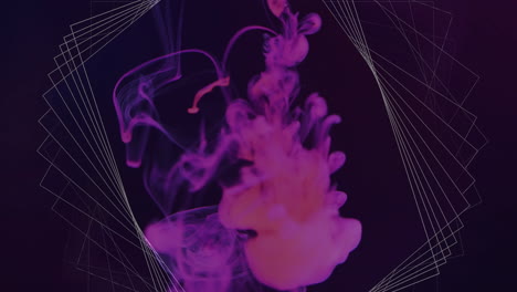 Animation-Einer-Weißen-3D-Netzwerkstruktur-über-Violettem-Rauch,-Der-Sich-Auf-Schwarzem-Hintergrund-Bewegt